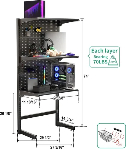Vista 2 de JWX DDB - Estantería de pie para juegos, 30 pulgadas, gabinete de tablero de clavijas con tablero de clavijas de metal para oficina en casa y 15