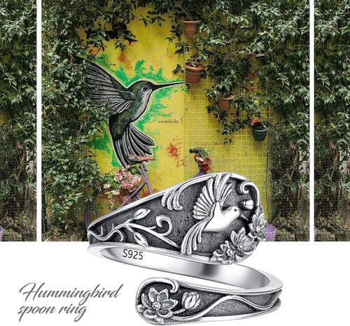 Vista 6 de Spoon Ring Sterling Silver Hummingbird Ring Vintage Antique Spoon Rings Adjustable Thumb Rings for Women
