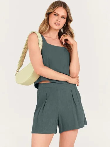 Vista 9 de ANRABESS Conjunto de 2 piezas de lino con cuello cuadrado y pantalones cortos para mujer, ropa de moda para playa y verano