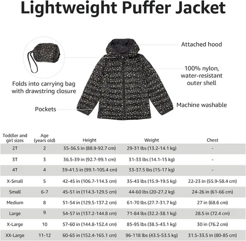 Vista 5 de Tienda Essentials Girls and Toddlers' Lightweight Water-Resistant Packable Hooded Puffer Jacket