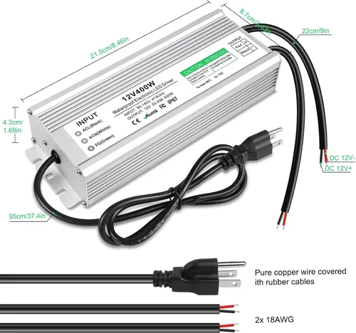 Vista 6 de Controlador LED de 400 vatios, transformador de bajo voltaje de 12 V CC, fuente de alimentación LED IP67 impermeable, adaptador con enchufe de 3