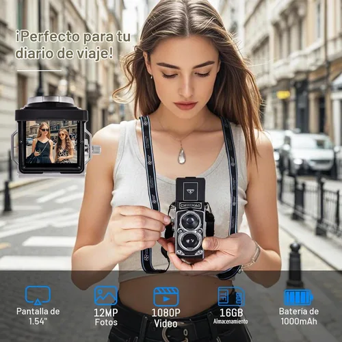 Vista 4 de Redcomets Mini cámara digital retro – Estilo vintage TLR apuntar y disparar cámara de vlogging de enfoque automático, compacta y portátil, tarjeta