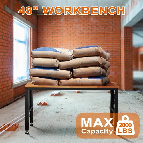 Vista 2 de Haddockway Banco de trabajo ajustable para garaje, mesa de trabajo de madera de caucho de 48" x 24" con tomas de corriente, capacidad de carga