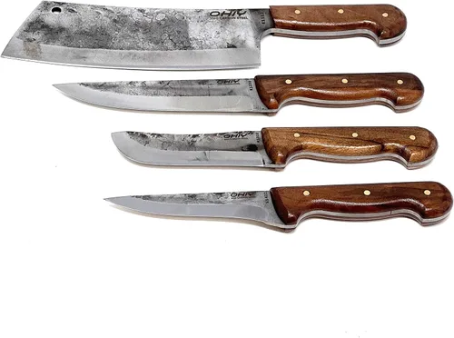 Vista 4 de Butcher Series - Juego de cuchillos y cuchillos forjados a mano de 4 piezas con funda de cuero auténtico, cuchillas de acero de alto carbono 5160
