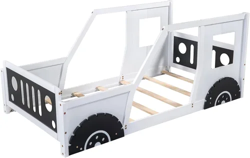 Vista 6 de Cama de plataforma de tamaño individual, cama de plataforma en forma de automóvil con ruedas y ventanas, marco de cama de madera maciza con soporte