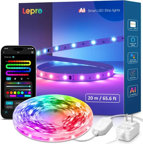 Vista 10 de Lepro S1 - Tira de luces LED AI para dormitorio, tiras de luz RGB inteligentes de 16.4 pies con efectos de persecución IC y arcoíris, segmento
