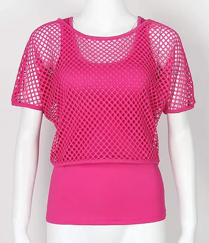 Vista 2 de Smile Fish Disfraces Casuales Sexys de los Años 80 para Mujer, Camiseta de Red de Pescar Neón con Hombros Descubiertos