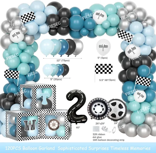 Vista 3 de Dos decoraciones de cumpleaños rápidas: 131 piezas con temática de autos de carreras con guirnalda de globos, dos fondos rápidos, globo de aluminio