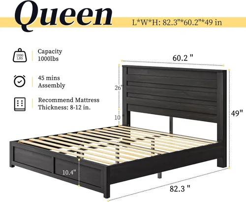 Vista 2 de Juego de 5 piezas para dormitorio de granja, incluye marco de cama tamaño Queen con cabecera alta, cómoda rústica de 6 cajones, cómoda alta de 5