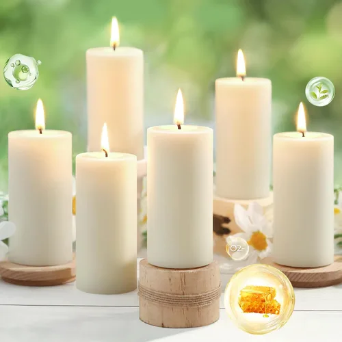 Vista 11 de Velas de pilar de cera de abeja natural, no tóxicas, 2 x 3 pulgadas, paquete de 6, 192 H de combustión larga Amarillo