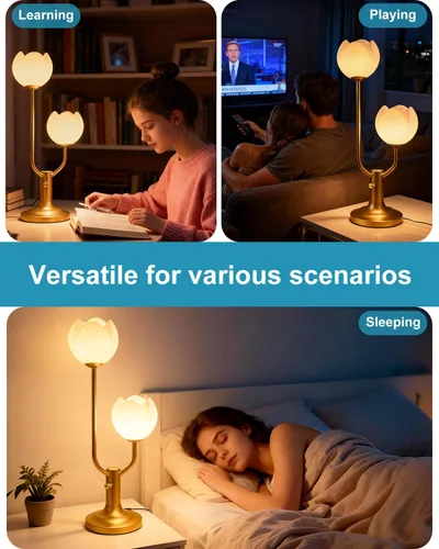 Vista 7 de Lightdot Lámpara de Mesa de Flores Doradas para Dormitorio, 2 Cabezas Florales 3000K Luz Blanca Cálida Regulable Lámparas de Mesita de Noche