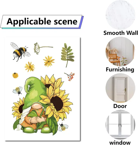 Vista 4 de CRASPIRE 8 hojas de 8 estilos de calcomanías de girasol para ventana, calcomanías de gnomo de primavera, calcomanías autoadhesivas para decoración