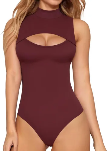 Vista 9 de MANGOPOP - Body de cuello alto con recorte frontal para mujer, manga larga, sin mangas, cuello de tortuga, trajes sexys 01 Manga larga negra