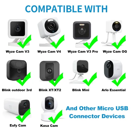 Vista 2 de Cargador de cable de extensión de alimentación de 26 pies para Wyze Cam V3/V4/OG/V3 Pro, Eufy, SimpliSafe, Blink, Kasa (no para Wyze Pan v3), cable