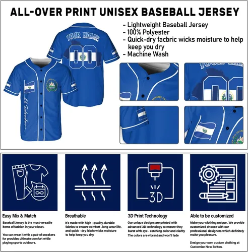 Vista 7 de Camiseta de béisbol de El Salvador personalizada,Camiseta personalizada con la bandera salvadoreña,Orgulloso Jersey Salvadoreña,Jersey del orgullo