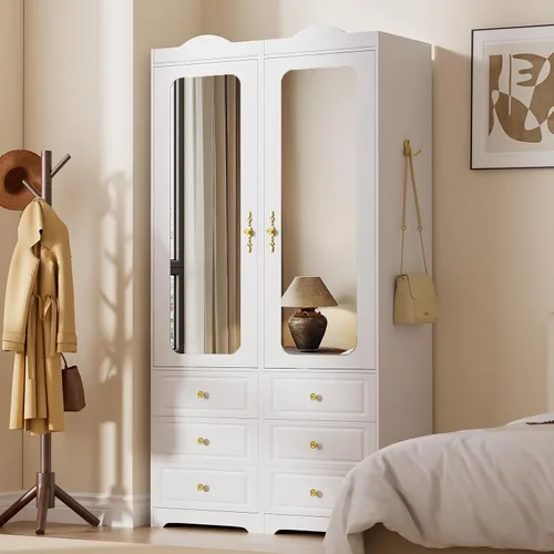 Vista 3 de Armario de Clóset, Armarios de Dormitorio Blancos con Puerta de Espejo y 6 Cajones, Armario de Almacenamiento de Ropa de 15.7" de Ancho/69.5
