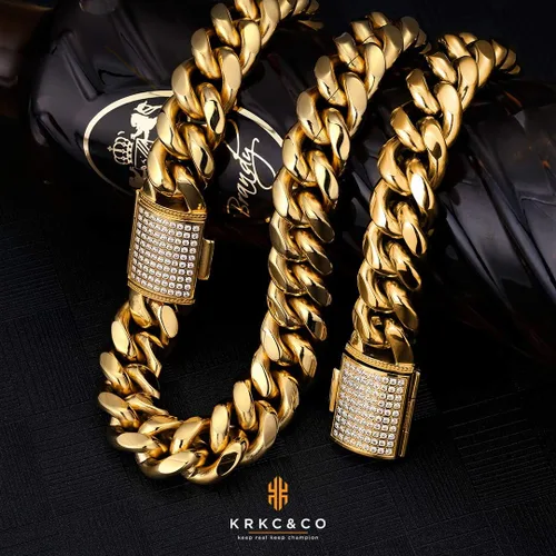 Vista 4 de KRKCCO 18mm12mm Iced Cuban Link Chain 18k Gold Necklace for Men Durable and Anti-Tarnish Urban Street-wear Never Fading Everlasting Shine Hip Hop
