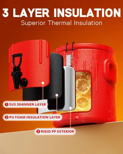 Vista 3 de Dispensador de bebidas aislado de 2 galones, dispensador de bebidas frías y calientes con interior de acero inoxidable 304 y boquilla, dispensador