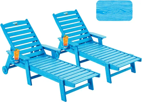 Vista 16 de Chaise Lounge Chair al aire libre con ruedas, silla de patio de gran tamaño con textura de madera, silla de plástico de 5 posiciones para piscina