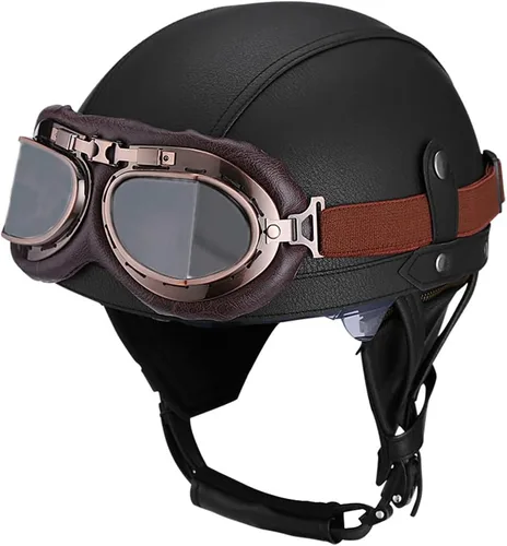 Vista 10 de Casco retro de cuero vintage para motocicleta, para hombres y mujeres, adultos, para scooter, bicicleta, crucero, con gafas y lente solar