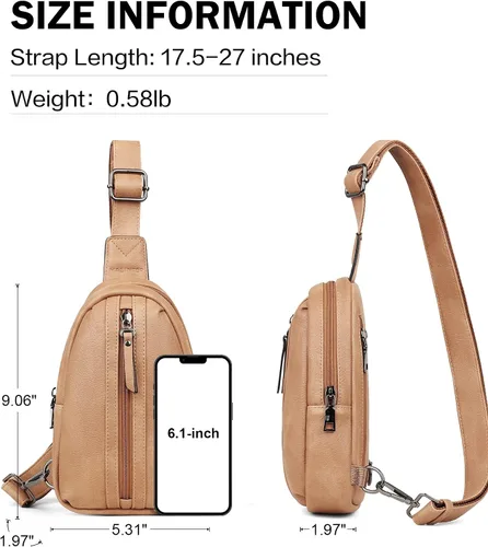 Vista 4 de MASINTOR Bolso bandolera pequeño para mujeres y hombres, cangurera cruzada de cuero vegano con múltiples compartimentos para uso diario, Camel