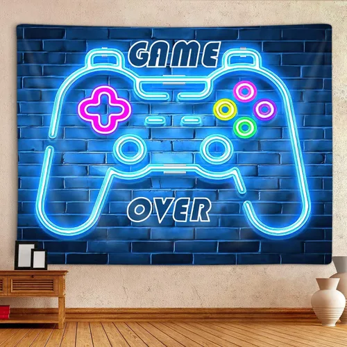 Vista 2 de MERCHR Tapiz de juego de neón, tapiz azul fresco con luz negra para colgar en la pared para hombres y niños, sala de videojuegos, retro de los años