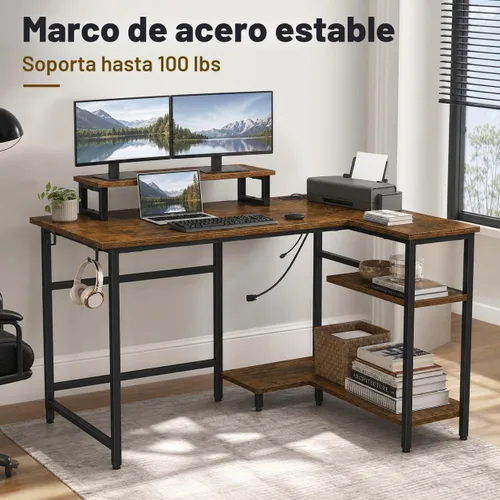 Vista 4 de DEVAISE Escritorio compacto para juegos en forma de L de 43 pulgadas con luces LED, marrón rústico