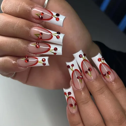Vista 18 de Lindas uñas a presión de tamaño mediano - Uñas falsas cuadradas con punta francesa, uñas acrílicas rojas de cobertura completa brillantes