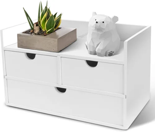 Vista 9 de Organizador de escritorio de bambú Charmewooden con 3 cajones, organizador de encimera con cajones para almacenamiento de maquillaje, organizador