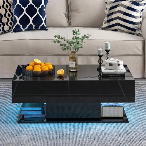 Vista 2 de Tangkula Mesa de centro LED con 2 cajones, mesa central moderna de alto brillo, luces LED regulables de 20 colores y control remoto, mesa auxiliar