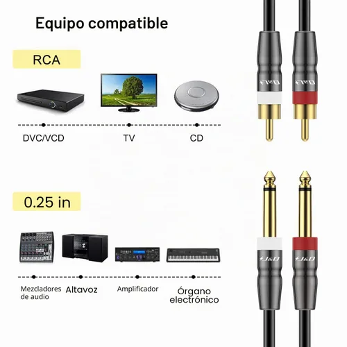 Vista 3 de J&D Cable dual TS de 1/4 de pulgada a RCA dual, adaptador resistente de 1/4 macho a RCA macho, cable de interconexión de audio estéreo de un cuarto