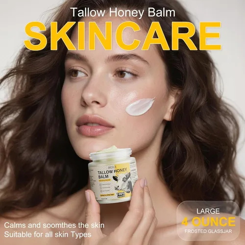 Vista 2 de Sarga de carne orgánica alimentada con pasto para piel, cuerpo, crema hidratante facial para eczema, bálsamo labial, bálsamo de miel de sebo batido