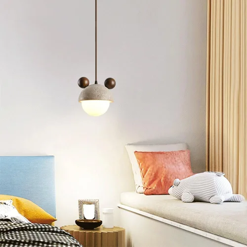 Vista 2 de Modern Creative Globe Pendant Lights, White Glass Shade Ceiling Hanging Lighting, Nordic Yellow Travertine Chandelier with Wooden Finish for Dining
