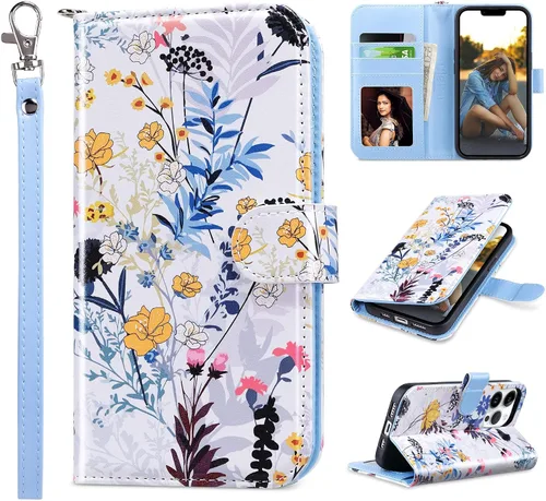 Vista 23 de ULAK Compatible con iPhone 13 Funda tipo cartera para mujer, funda tipo billetera de piel PU con tarjetero y función de caballete, funda protectora