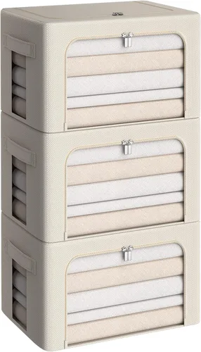 Vista 20 de Paquete de 3 cajas de almacenamiento con marco, bolsas de almacenamiento de ropa, tela Oxford, plegable, apilable, juego organizador con ventana