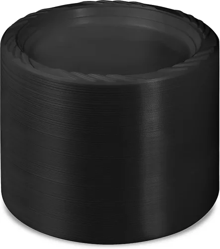 Vista 5 de Munfix Juego de 200 Platos de Plástico Negro - Paquete a Granel de 200 Platos de Cena Desechables de 9 Pulgadas para Fiestas, Barbacoas, Picnics