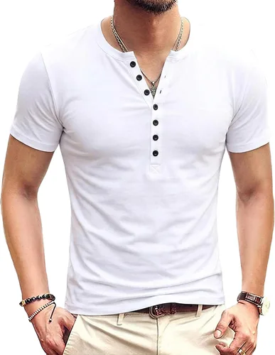 Vista 33 de KUYIGO Camisas Henley para hombre, estilo casual, ajustadas, básicas, de A01 Negro Puro