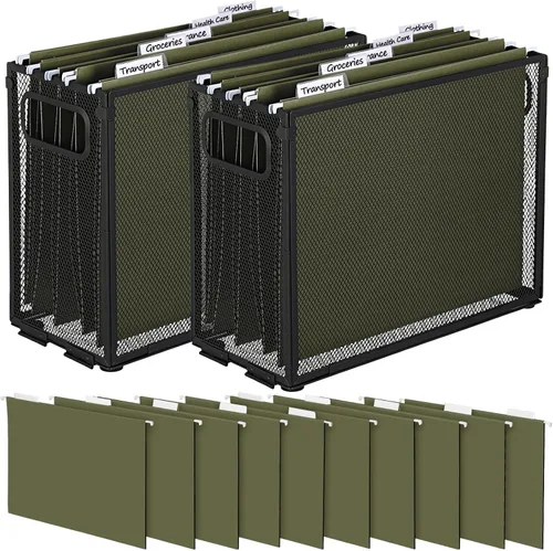 Vista 11 de Juego de 2 soportes para archivos colgantes, 10 carpetas colgantes, malla metálica, almacenamiento de carpetas tamaño carta, gabinetes