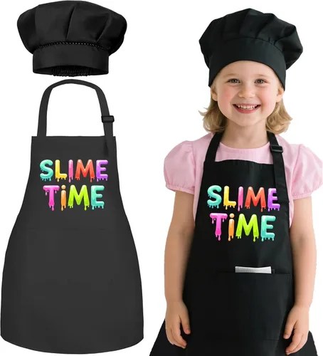 Vista 9 de Juego de Delantal y Gorro de Chef para Niños - Delantal de Cocina Ajustable para Niños con 2 Bolsillos, Negro, para Niños y Niñas de 3 a 8 Años