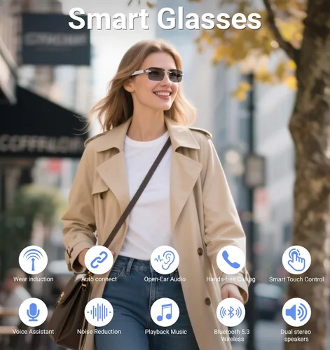 Vista 2 de Lentes inteligentes, lentes fotocromáticos Bluetooth sin montura con altavoz y micrófono de sonido HD de oreja abierta, protección UV400, control