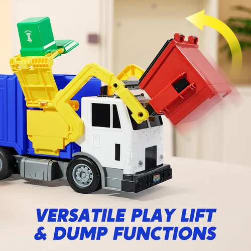 Vista 4 de JOYIN Juego de juguetes de camión de basura de fricción grande, incluye 1 contenedor, 3 cubos de basura y 30 tarjetas de aprendizaje para niños, Azul