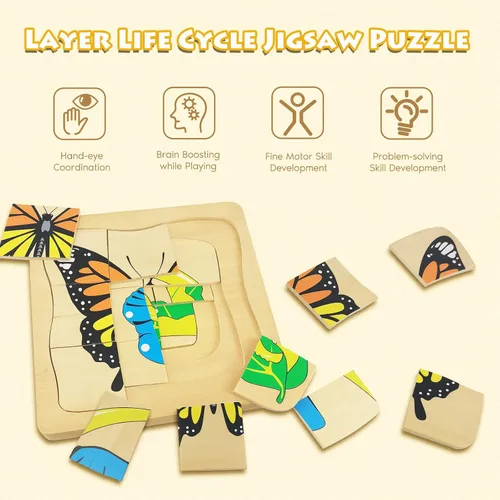 Vista 2 de Montessori - Rompecabezas de madera para niños de 4 a 8 años, rompecabezas de ciclo de vida de mariposa de 4 capas para niños pequeños, rompecabezas