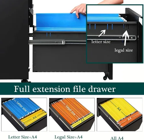 Vista 5 de anwickjeff Archivador móvil de 3 cajones con cerradura, archivador de metal debajo del escritorio para archivo legal/carta/A4, totalmente montado