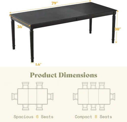 Vista 2 de AMERLIFE Mesa de comedor de granja de 79 pulgadas para 6 a 8, mesa de comedor rectangular grande de madera maciza con patas cónicas romanas, mesa