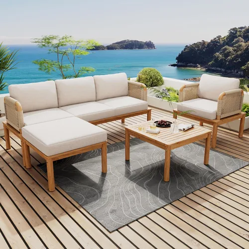 Vista 15 de Juego de 4 muebles de patio al aire libre, sofá seccional de madera de acacia con asiento cojines beige, asiento de conversación seccional