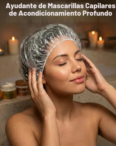 Vista 2 de Aquior Gorro de ducha desechable, 50 piezas de gorras de baño más grandes, gruesas, transparentes, impermeables, de plástico elástico, para mujeres
