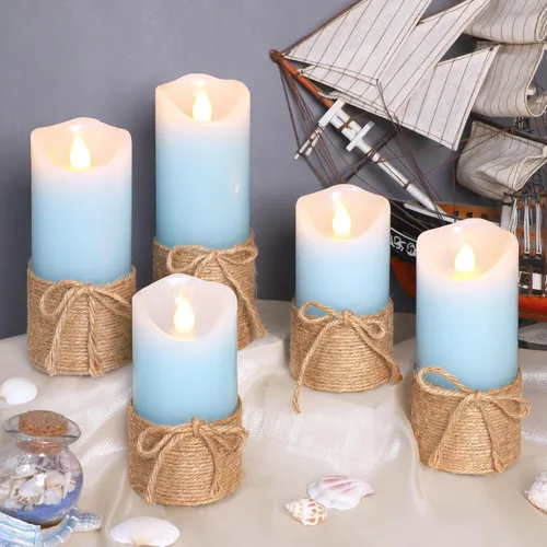 Vista 5 de Crystal Club Velas azules sin llama, juego de 5 velas LED con temporizador, juego de velas de cera real con control remoto para decoración del hogar
