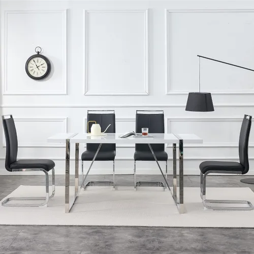 Vista 8 de Juego de sillas de mesa de comedor para 4, mesa de cocina rectangular moderna de 55 pulgadas con sillas acolchadas de cuero, juego de mesa de Negro