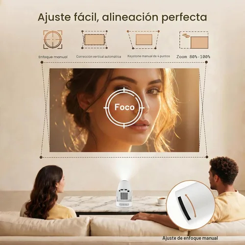 Vista 3 de Mini proyector con WiFi y Bluetooth, proyector portátil 4K con altavoz de 5 W, Keystone vertical automático y giratorio de 180°, proyector
