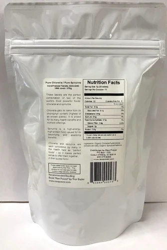 Vista 2 de Raw Power Tabletas de Clorella/Espirulina (1500 unidades, 13.23 oz, prensado en frío, mezcla 50/50, sin aditivos, rellenos ni aglutinantes)